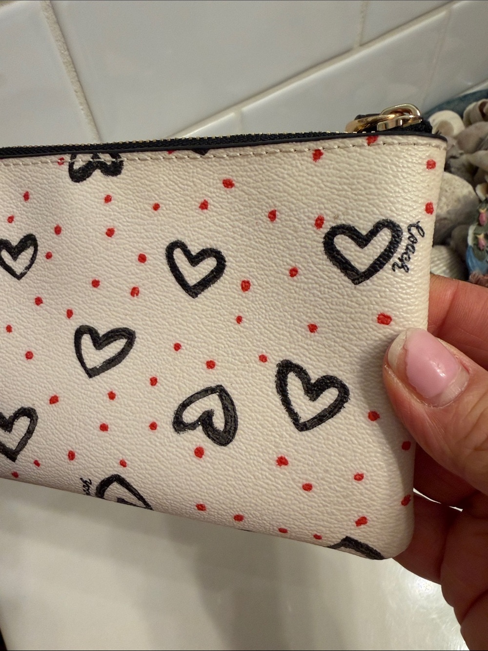 Coach Cream Pebble Leather Wristlet with Black Hearts and Red Dots - Picture 3 of 6